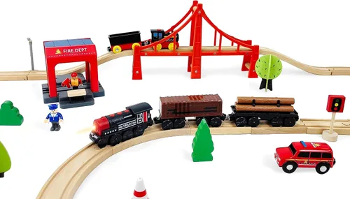 Vista 7 de Tren motorizado para pista de madera, juego de 3 piezas de tren de juguete para niños y niñas de 3, 4, 5+ años, tren con batería compatible