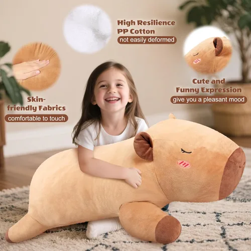 Vista 3 de SuzziPals Peluche de Capibara Gigante de 43 pulgadas, Animal de Peluche Gigante Realista para Alivio del Estrés y Compañía, Almohada de Grandes