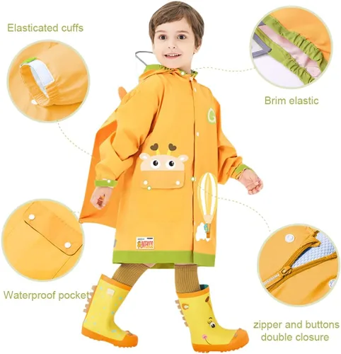 Vista 3 de Chubasquero para niños y niñas, poncho de lluvia con capucha, impermeable, impermeable, reutilizable, para lluvia de 4 a 18 años