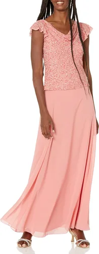 Vista 11 de J Kara Vestido largo de manga con volantes y cuello redondo y cuentas para mujer Champán Multi