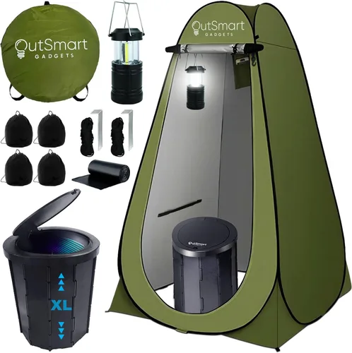 Vista 10 de Outsmart Gadgets Juego de inodoro portátil para exteriores para adultos con linterna nocturna de campamento, inodoro plegable XL, tienda de campaña