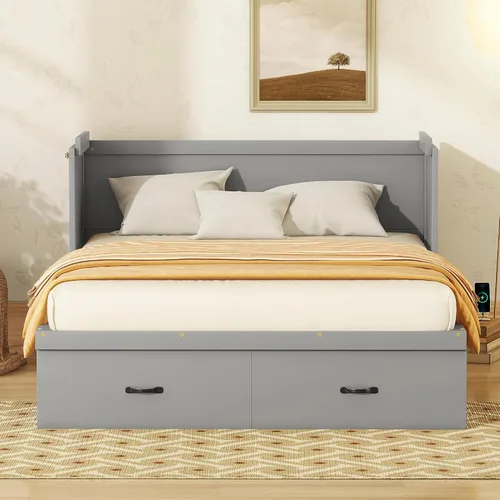 Vista 3 de Baúl móvil Murphy de tamaño Queen con módulo USB integrado de doble alimentación/USB, armario moderno y tradicional de madera maciza con cajón Gris-A
