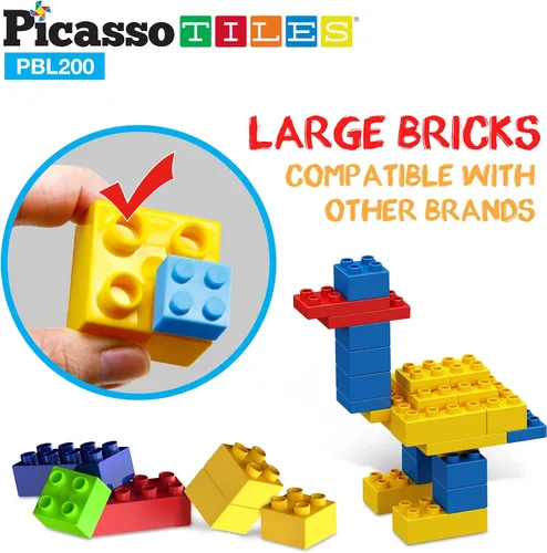 Vista 3 de PicassoTiles Juego de 200 piezas de bloques de construcción de ladrillos de construcción grandes, juego de ladrillos STEM, juego de aprendizaje