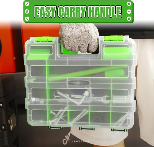 Vista 7 de Jack Boss Caja de herramientas con tapa transparente, caja organizadora de 34 compartimentos de doble cara con divisores extraíbles para herrajes