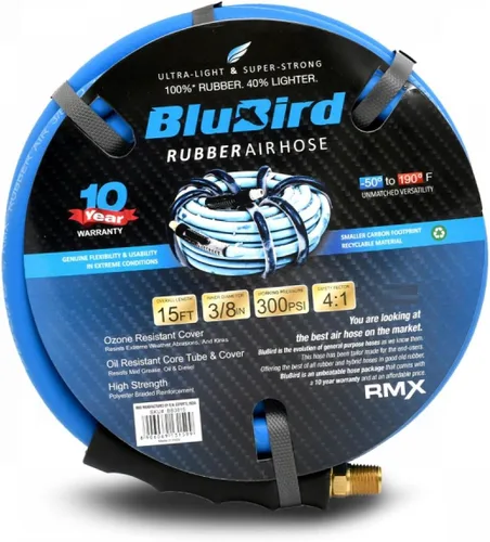 Vista 12 de BLUBIRD BB3810 - Manguera de aire de goma de 3/8 pulgadas x 10 pies, 100% goma, más ligera, más fuerte, más flexible, 300 PSI, 50F a 190F grados