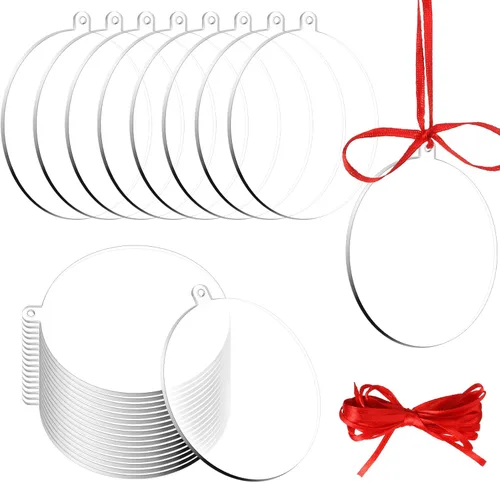 Vista 8 de 36 piezas de adornos acrílicos transparentes en blanco, adornos de círculo redondo de plástico para manualidades con cinta roja, decoración