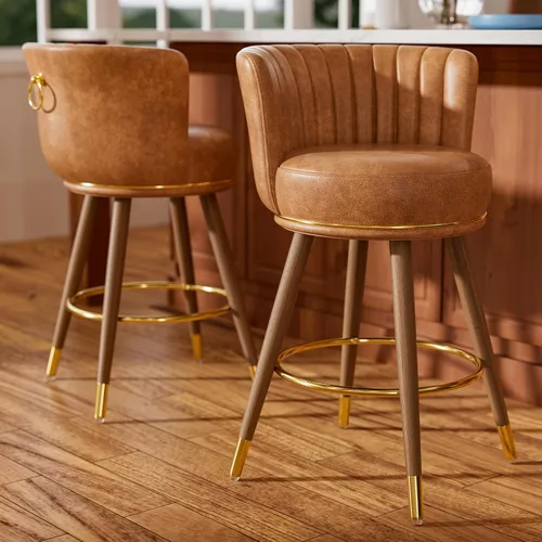 Vista 17 de SeekFancy - Juego de 2 taburetes de bar giratorios de cuero negro de 24 pulgadas Upholstered pleated backs, wood legs, gold footrests, 300lbs