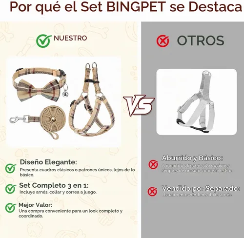Vista 2 de Juego de arnés para perro con correa y collar de corbatín - Arnés para cachorro a cuadros beige, a prueba de escape, chaleco ajustable sin tirones