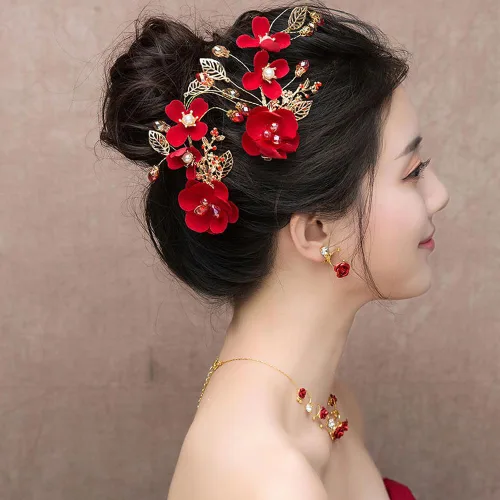 Vista 6 de Paquete de 2 pinzas para el pelo de flores rojas, horquillas de novia con flores de cristal, perla de cristal, accesorios de boda rojos para mujeres