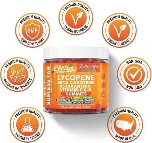 Vista 8 de Gomas bronceadoras de licopeno y betacaroteno sin sol, con astaxantina, vitamina C, D, E, semilla de lino, selenio, amla, tirosina, PABA, pimienta