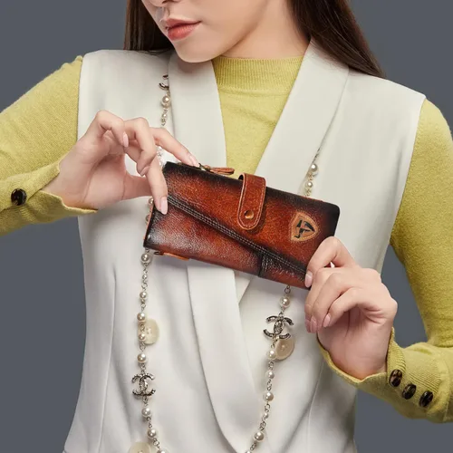 Vista 2 de Handadsume Genuino caballo loco cuero viaje regalo moneda bolsillo tarjeta caso largo organizador cadena Rfid monedero con broche para hombres