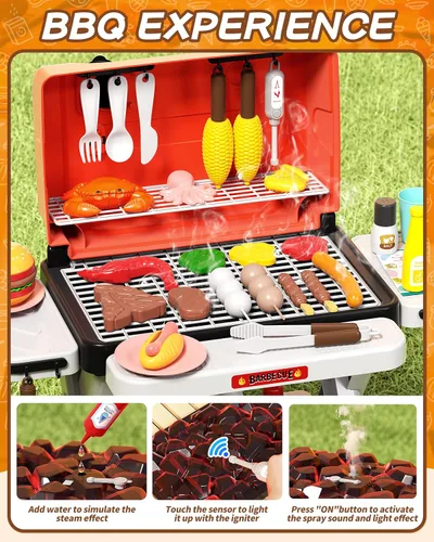Vista 3 de 60 piezas Parrilla de Barbacoa para Niños con Sonido de Humo y Luz, Set de Juego de Cocina para Niños de 4 a 8 Años, Juguetes de Cocina de Barbacoa