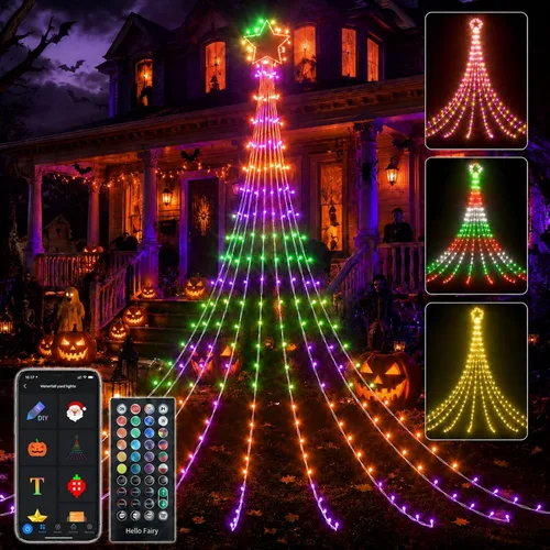 Vista 9 de Luces de decoración navideña para exteriores con estrella, pantalla inteligente de bricolaje personalizada de 100 modos, 3.6 m, cascada de árbol