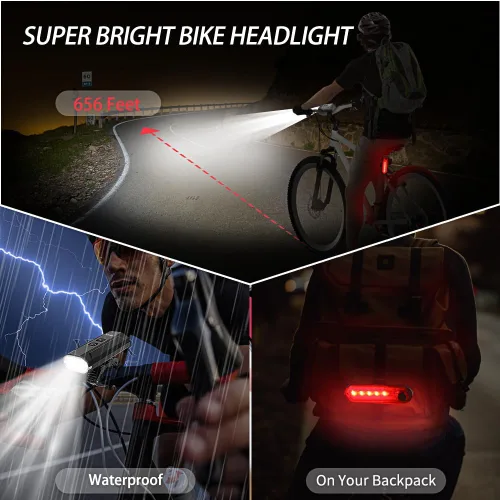 Vista 6 de Juego de faros y luces traseras recargables para bicicleta con pantalla LCD, luz LED brillante de 1200 lm con 13+5 modos, luces delanteras