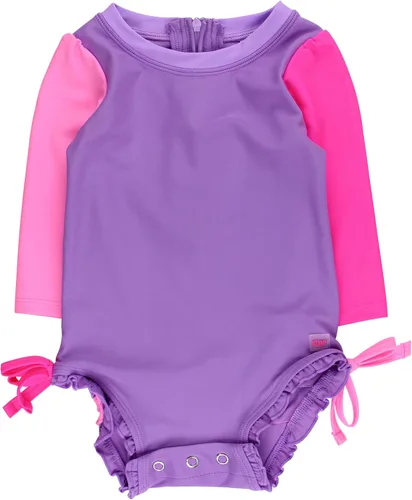 Vista 25 de RuffleButts - Traje de baño de una pieza con protección solar UPF 50+, camiseta de protección floral estampado, manga larga, con cierre zipper