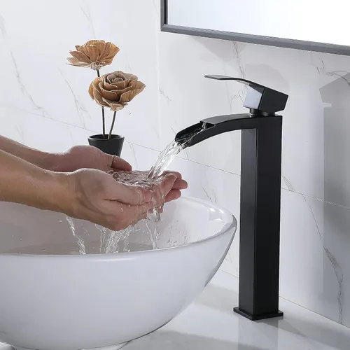 Vista 3 de VCCUCINE - Grifo de lavabo negro de un solo agujero, cascada de un solo agujero, grifo de baño, grifos altos para lavabo con drenaje desplegable