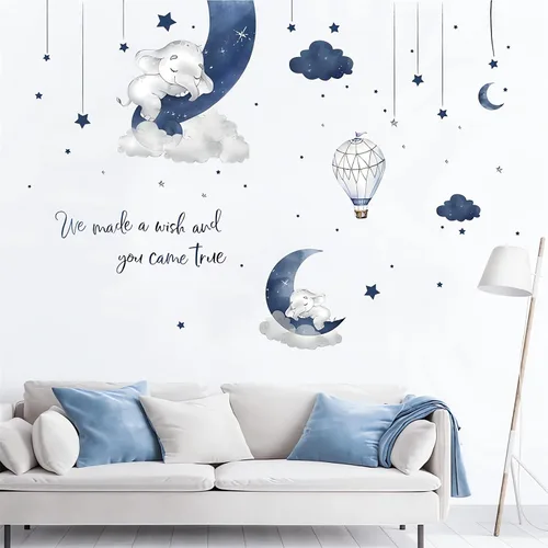Vista 2 de Adhesivo de pared con elefante bebé durmiendo en azul grisáceo, sacinora - Adhesivo de pared con luna, estrella, nube y frase en inglés cálido