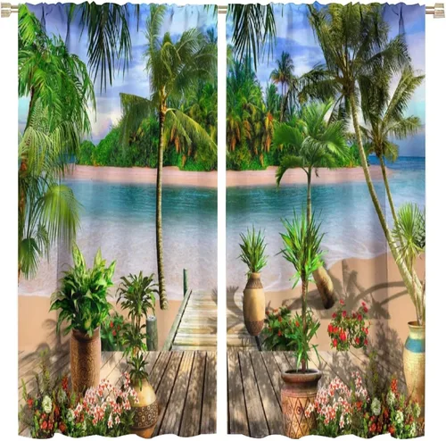 Vista 12 de Cortinas de playa con estampado de plantas tropicales y árboles de coco, paisaje natural, con bolsillo para barra, 2 paneles, decoración