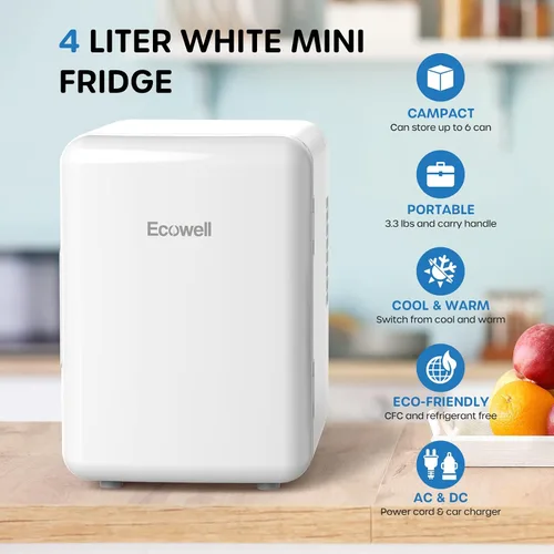 Vista 2 de Ecowell WRE100 Mini Dormitorio, Refrigerador para el Cuidado de la Piel de 4L/6 Latas, AC/DC Portátil Compacto Pequeño Refrigerador para Oficina