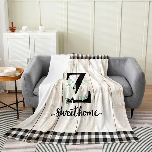 Vista 23 de Erosebridal Manta de franela de letras iniciales B, manta de vellón con letras ABC, 40 x 50 pulgadas, decoración rústica de granja, manta de felpa