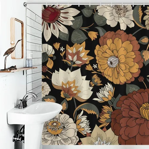 Vista 3 de Cortina de ducha con 12 ganchos para baño, 72 x 72 pulgadas, diseño floral bohemio con hojas tropicales retro y florales (bohemio floral-1)