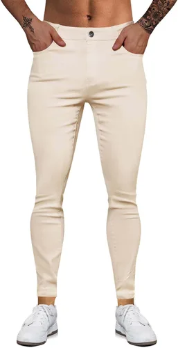 Vista 2 de WULFUL Pantalones de mezclilla ajustados para hombre, pantalones elásticos de pierna cónica, cintura expandible