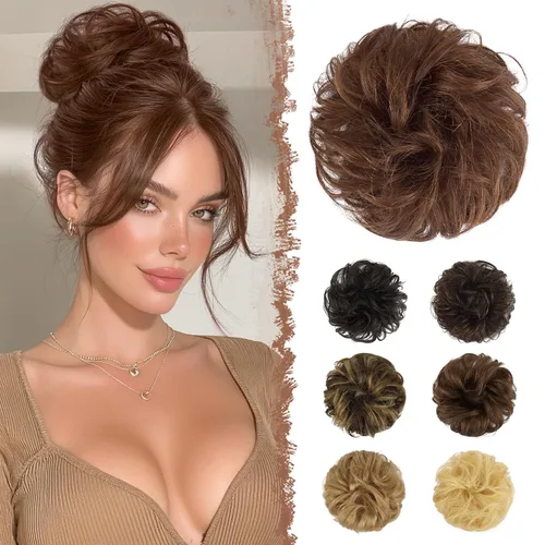 Vista 15 de FESHFEN - Extensiones de moño desordenado humano 100% cabello real, piezas de cabello rizado, extensiones de cola de caballo, cabello ondulado