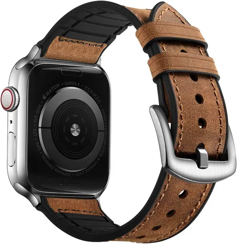 Vista 26 de OUHENG Correas de cuero compatibles con Apple Watch de 42mm 41mm 40mm 38mm, correa híbrida de cuero genuino y goma para iWatch Series 11 10 9 8 7 6
