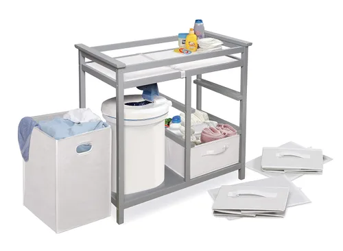 Vista 7 de Badger Basket - Mesa moderna para cambiar a los bebés, con canasta para la ropa sucia Gris/Blanco