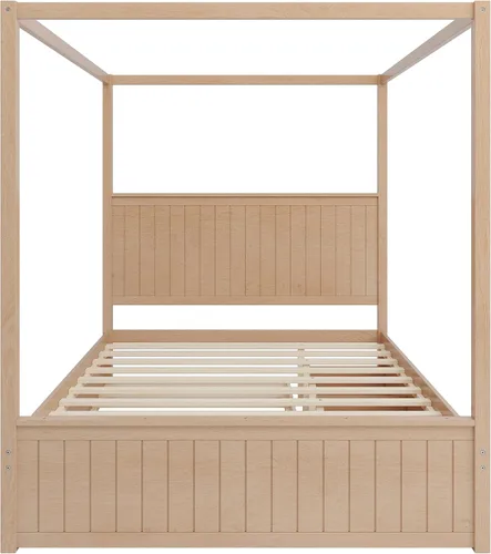 Vista 7 de Moderna plataforma de cama con dosel con dosel, tamaño Queen con cabecera de canal, plataforma de diseño de dosel de madera maciza con nido y 3