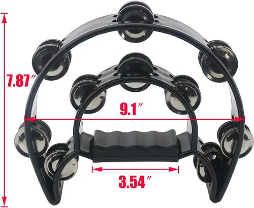Vista 4 de Ogrmar Tambor de percusión de mano con pandereta de doble fila con mango ergonómico para regalo, KTV, fiesta, juguete para niños (negro)