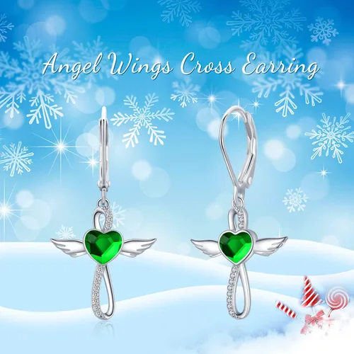 Vista 6 de Midir&Etain Lever Earrings 925 Sterling Silver Birthstone Angel Wings Cross Earrings Crystal Jewelry Birthday Gifts for Women Girls