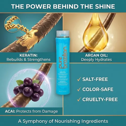 Vista 4 de PURE BRAZILIAN - Champú diario anti encrespamiento - Sin sal, color seguro, con queratina, aceite de argán y acai (13.5 onzas / 13.5 fl oz)