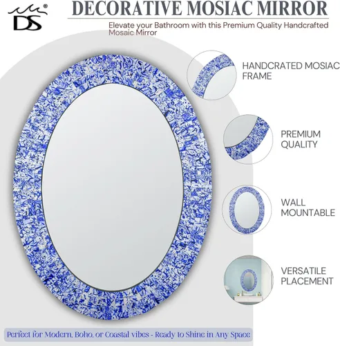 Vista 4 de Espejo decorativo tradicional de mosaico – 32 x 24 pulgadas de forma ovalada colgante azul espejo de pared