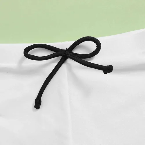 Vista 5 de Traje de baño para niña con estampado de vaca, pantalones cortos de color sólido, traje de baño de verano, 3 piezas, cintura alta (negro, 10 años)