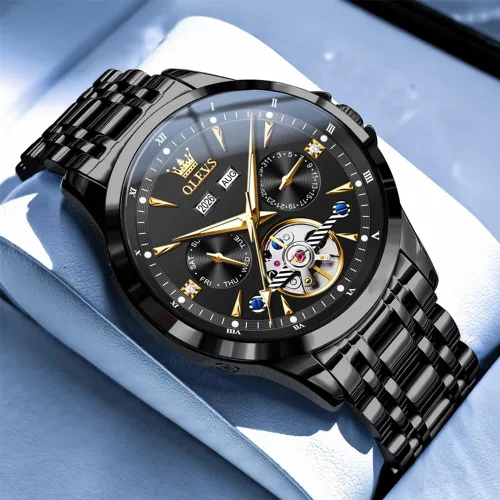 Vista 7 de OLEVS Relojes automáticos para hombre, de lujo, esqueleto multifuncional, reloj mecánico de cuerda automática, fecha, impermeable, luminoso, reloj
