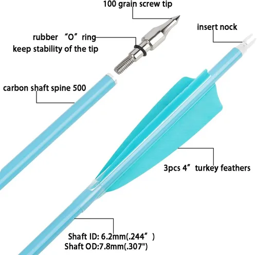 Vista 2 de Flechas de carbono de 31 pulgadas, flechas de caza de tiro con arco de color fluorescencia, 500 600 espina dorsal con plumas, flechas de práctica
