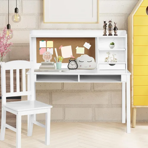 Vista 9 de Costzon Juego de escritorio y silla para niños, escritorio de estudio para niños con silla, gabinete, almacenamiento, cajones, estantes, tablero