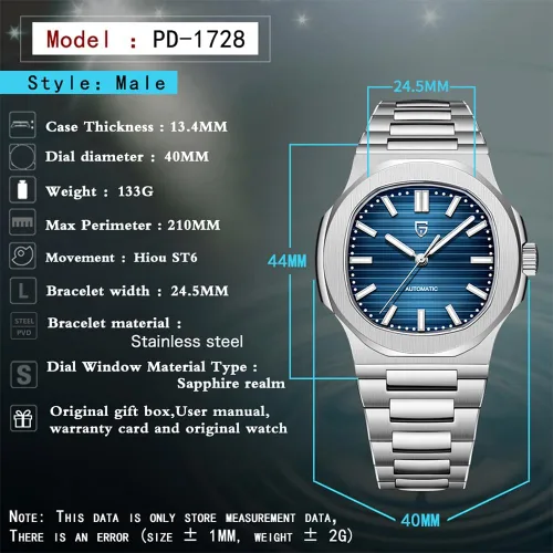 Vista 6 de Pagani Design - Reloj automático para hombre, ST16, azul cielo, cristal de Azul marino PD-1728