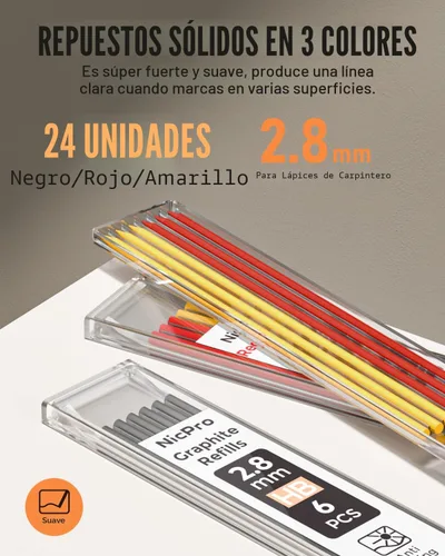 Vista 5 de Nicpro Lápiz de carpintero con sacapuntas, juego de lápices mecánicos con 26 recambios, marcador de agujeros profundos para construcción, Negro