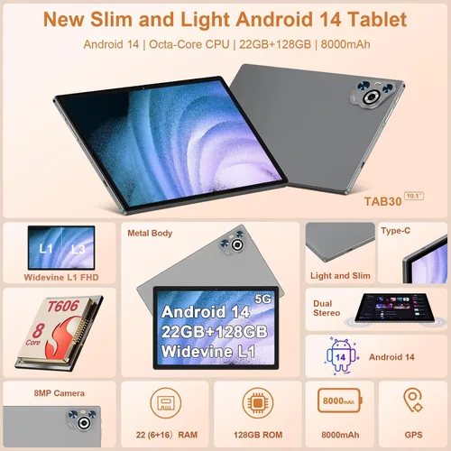 Vista 4 de Tableta de 10 pulgadas, 22 GB de RAM+128 GB ROM+1 TB Expand, tableta Android con teclado y mouse, batería de 8000 mAh, pantalla IPS de 1280 x 800