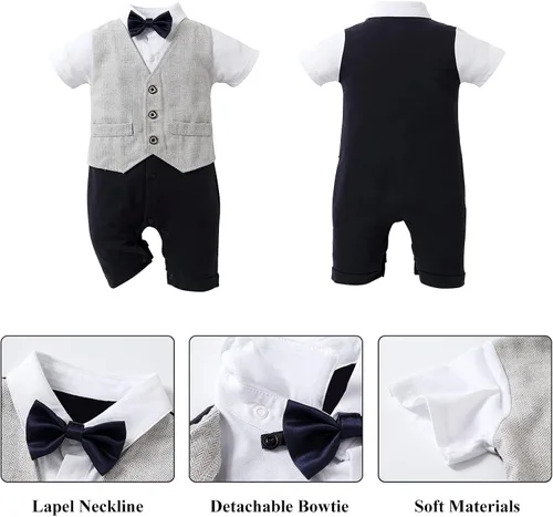 Vista 4 de HOSUKKO - Traje de bebé para caballero, mamelucos + boina + corbatín (0-24 meses)
