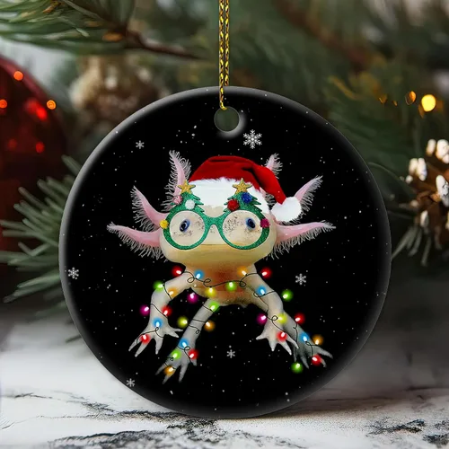 Vista 2 de Hyturtle Adorno de Navidad para los amantes de los ajolotes – Ajolote con sombrero, adorno de cerámica de Navidad – Lindo regalo para amantes
