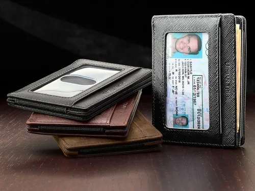 Vista 5 de Cartera compacta de manga RFID de cuero minimalista con clip de dinero 10 tarjetas