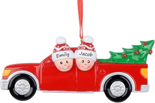 Vista 9 de Adorno de Navidad familiar personalizado 2024 Familia de 2 personas que llevan árbol de Navidad para el hogar, camión rojo, hecho a mano, regalo
