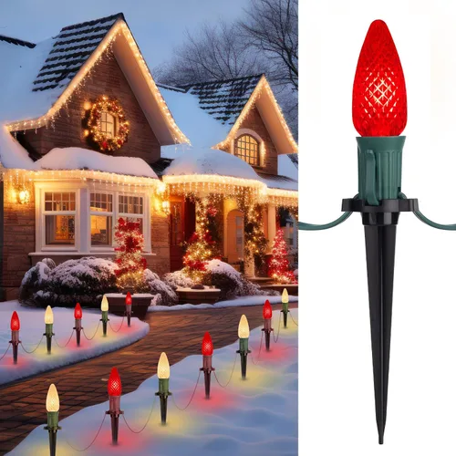 Vista 15 de Tira de luces LED estilo sendero de Navidad para exteriores; tira de 20 luces LED C9 con carcasa de fresa y estaca, interconectables, luz cálida