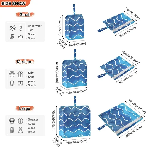 Vista 3 de Blue Wave Stripes - Juego de 3 cubos de embalaje de viaje para maletas, plegables, bolsa de ropa, almacenamiento de armario, ahorro de espacio