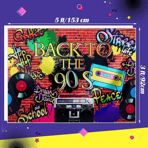 Vista 3 de Suministros de decoración para fiestas de los años 90, incluye radio, fondo inflable Boombox, teléfono móvil inflable y globos de cadena de lámina
