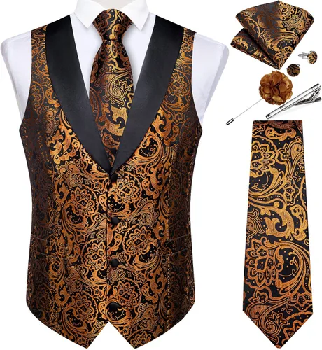 Vista 8 de DiBanGu Chaleco de traje de cachemira para hombre, chaleco jacquard de seda y corbata, chaleco formal de cuello de chal, 7 piezas para fiesta