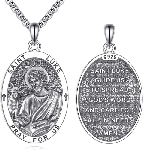 Vista 9 de Collar de Santo Patrón Plata de Ley 925 Colgante Medallón Amuleto Ovalado con Cadena de 22+2 Pulgadas Regalo de Joyería para Hombres y Mujeres